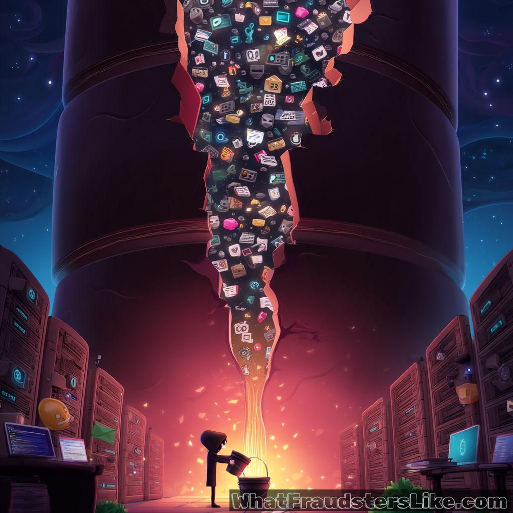 A tiny, shadowy figure stands amidst rows of server racks, collecting a torrent of small, multicolored digital icons pouring down from a massive, broken pipe or column above, glowing with an orange light.